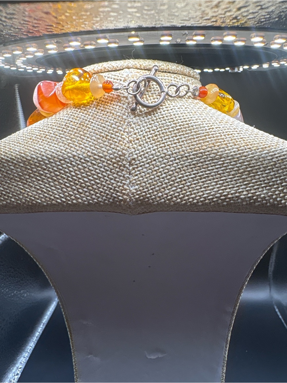 Vintage Amber Tone Crackle Glass & Carnelian Agate Statement Bead Necklace - Picture 2 of 5